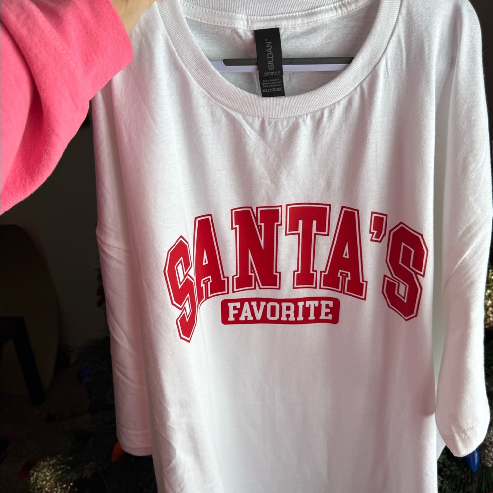 Gildan unisex Long Sleeve White Tee with Red Santa's Favorite Design misprinted